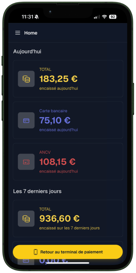 Tableau de bord ClapClap : encaissements du jour par carte bancaire et ANCV