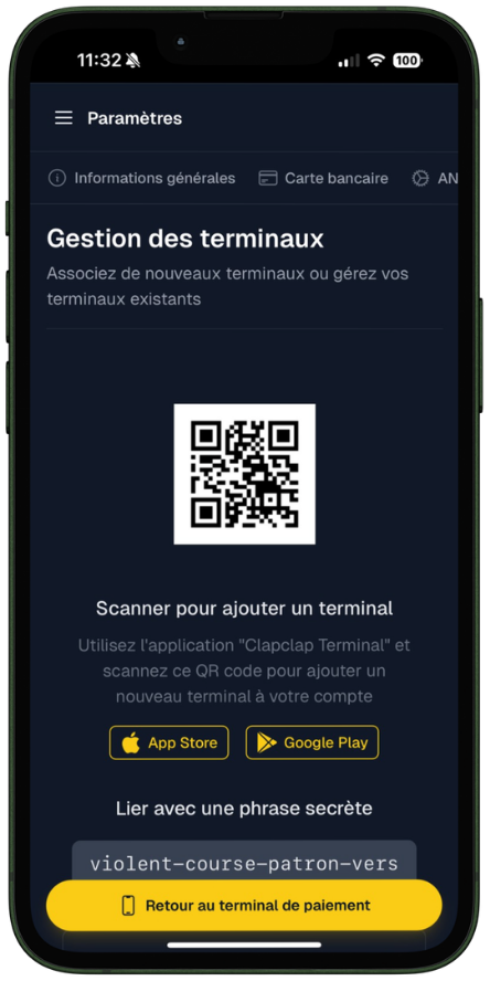 Gestion des terminaux ClapClap : ajout d'un terminal par QR code
