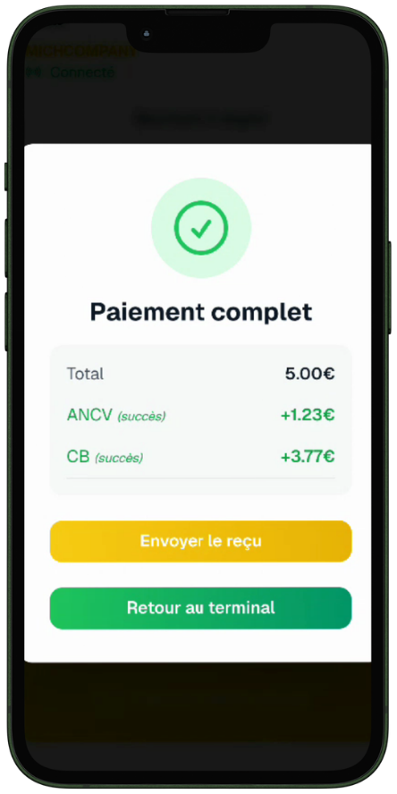 Paiement mixte ClapClap : 1,23€ en ANCV Connect et 3,77€ en carte bancaire sur un total de 5€